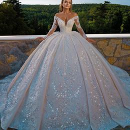 2024 Pailletten Spitze Frauen Hochzeitskleid V-Ausschnitt Off-Shoulder Lange Ärmel Illusion Rückenfrei Brautballkleid Brautkleider Vestido De Novia Customed