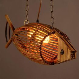 Bamboo Wood Fish Pendant Light Originality Dining Room Hanging Lamp Retro Rural Restaurant Cafe Bar Lighting Fixtures Personality 236c