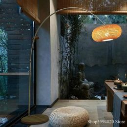 Chinese Zen Fishing Floor Lamp Japanese Living Room Teahouse Led Floor Lamp Arc Wood Shade Lamparas De Pie206A