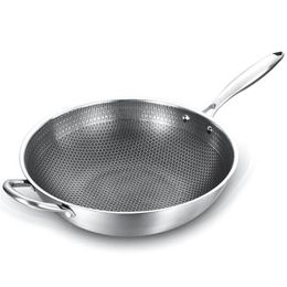 Coated pan Non-stick Wok 304 Stainless Steel woks Fry Pans with handle Cooking kitchen Cookware227D