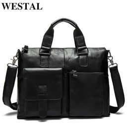 WESTAL Men's Bag Genuine Leather Briefcase Men Laptop Bag Leather Office Bags for Men Totes Business Briefcase Bags for Docum232M