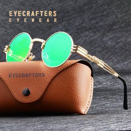 Fashion Gold Metal Round Sunglasses Mens Gothic Steampunk Sunglasses Green Mirrored Womens Retro Vintage Eyewear Sun Glasses215C