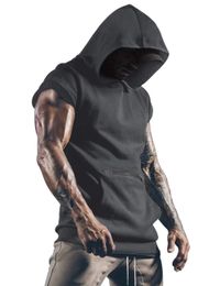 Men's Summer Solid Colour Sports Hooded Sleeveless Vest T shirt Polyester Material