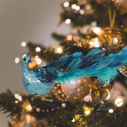 Christmas Decorations 12in Peacock Drop Ornaments Glittered Bird Clip-on Pendant Year 2022250M