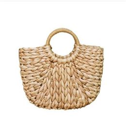 Simple Straw Handbag for Girls Summer Beach Travel Hand Bag Half Moon Hand Woven Rattan Handbags Round Handle Bags250W