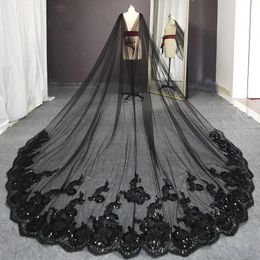 Wedding Hair Jewellery Real Pos Black Long Wedding Boleros Bling Sequins Lace Cathedral Bridal Cape Bolero Mariage Wedding Accessories Shoulder Veil 231208