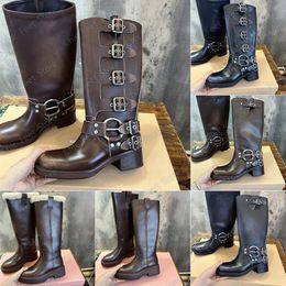 Luxury Boots Leather Boots Knee Boot Harness Belt Buckled cowhide Leather Western Boots chunky Knight boots Fashion Ankle Booties Biker Knee Boots Size 35-41