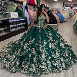 Luxury Green Sweetheart Quinceanera Dresses Gold Lace Applique Off The Shoulder Sweet 16 Dress vestido de 15 anos Prom Gowns