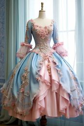 Tea Length Lolita Quinceanera Dresses 3D Flowers Appliques Long Sleeves Princess Light Sky Blue And Pink Prom Special Occasion Dress For Women Girls 2024