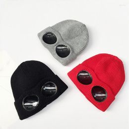Beanies 2022 Winter Glasses Hat CP Ribbed Knit Lens Beanie Street Hip Hop Knitted Thick Fleece Warm For Women Men1806