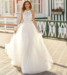 Boho Wedding Dress Vintage 2023 Halter Bohemian Sleeveless Bohemian Lace Bridal Gown Robe De Mariee Sweep Train Custom Made