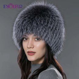 BeanieSkull Caps ENJOYFUR women winter fur hat genuine fox fur hats knitted silver fox fur caps female russian bomer caps 231208
