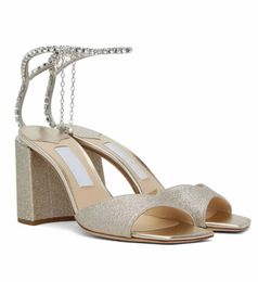 Favourite Bridal Saeda Sandals Shoes Crystal Chain Square Toe High Heels Sandalias Designer Heel Women Party Dress Footwear EU35-43