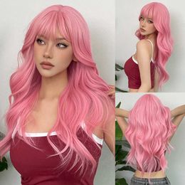 Cosplay Wigs New wig with full bangs pink long curly hair full head cover high comeback rate cosplay z240606