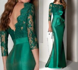 2024 Elegant Green Mermaid Long Evening Dress Scoop Lace Appliques Satin 3/4 Sleeves Formal Prom Gowns Arabic Dubai Robe De Soiree