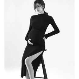 Modern Knitted Maternity Dresses Black Photo Studio Slim Maternity Clothes Dance Dress Photographic Clothing