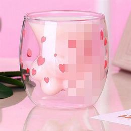 Cat Claw Paw Coffee Mug Cartoon Cute Milk Juice Home Office Cafe Cherry Pink Transparent Double Glass Paw Cup Q1215270V