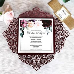 50 pcs Burgundy Silver White Gold Glitter Laser Cut Wedding Invitation with Envelope Party University Invitation Card2191