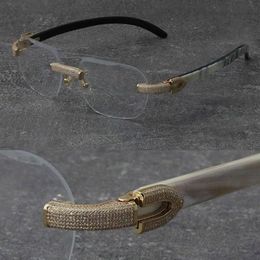 2022 New Black Mix White Buffalo Horn Frames Wood Eyewear Rimless Diamond set Glasses Men Women with C Decoration Rocks Wire 18K g260J