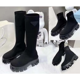 Top New Cuff Rib Socks Low Heel High Boots Stretch Knit Black Leather Biker Over the Knee Boots Women's Luxury Designer Shoes Factory Shoes withbox