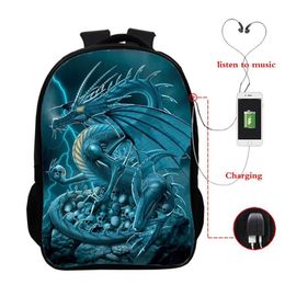 Backpack Mochila Back To School Cartoon Dragon Printed 16 Inch USB Charging 3d Bag Teenager Boys Girl Bookbag239B