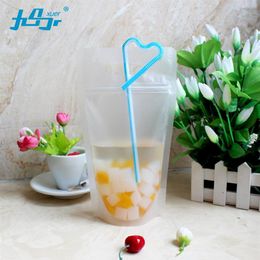 Whole 50Pcs Reclosable Plastic Drink Storage Zipper Bag with Hand hole Transparent Frosted Stand up Pouch Beverage bag 450ml265t