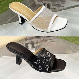 Top With Box Woman Designer Heel Slide Sandal in Black Crystal Mesh Kitten Heels Sliders Slipper House Fashion Flat Mule Lady Casual Summer Beach