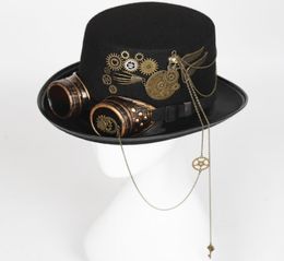 Steampunk Hat with Goggles Vintage Men Black Top Gothic Halloween Women Fedora Chains Elegant Head Wear Costume Party 2204026951709