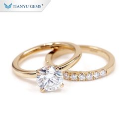 Tianyu Fine Jewelry Custom 585 750 echtes massives Gelbgold Mossanit-Hochzeits-Solitär-Moissanit-Verlobungsring-Set für Frauen