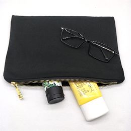 30pcs lot plain black cotton canvas cosmetic bag with black lining blank canvas gold zip pouch custom print bag factory DHL s2535