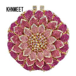 Evening Bag Laisc Pink Circular Flower Shape with Metal Diamond Ladies Clutch Party Crystal Purse Prom Pouch Sc202-b 1214220Z