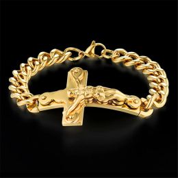 Jesus Cross Mens 14k Yellow Gold Bracelet Male pulseira Mens Braclets Gold Color Wrist Bracelets For Men Jewelry