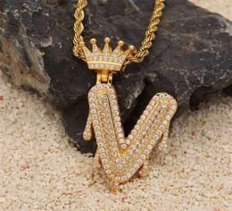 Custom Crown Bail Drip Bubble Initial Letters Chain Necklaces Pendant For Men Women Gold Colour Cubic Zircon Hip Hop Jewelry4039639