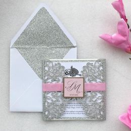 Customised Glitter Silver Laser Cut Wedding Invitations with belly band Birthday invitation cards 100sets Express 281g