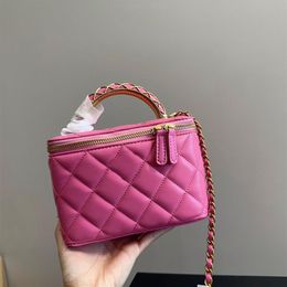 Womens Classic Quilted Vanity Box Bag Fuchsia Black With Mirror Top Co Handle Tote GHW Crossbody Shoulder Cosmetic Case Gold Silve290K