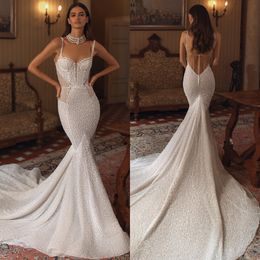 Mermaid Berta Pearls Dresses Spaghetti Wedding Dress sweep train Illusion Back bridal gowns