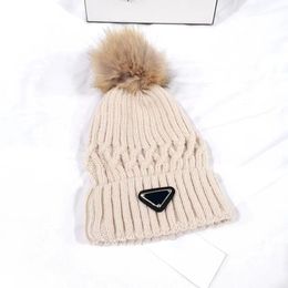 Designer Winter cap Knitted Beanie Woollen Hat Men Women Chunky Knit Thick Warm faux fur pom Beanies Hats Female Bonnet triangular signature hat