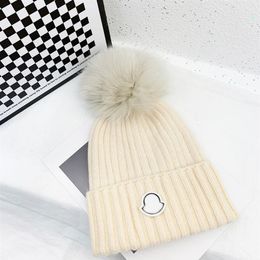 hat designer winter knitted beanie rabbit hair hat women's thick knitted thick warm fox plush ball women men beanie hat 5 col282R