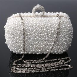 Whole- Women Bag Two Side Beaded Women's Pearl Clutch Evening Bag Beaded Handbag Beige White Pearl Beads Clutch Bag Shoul283D