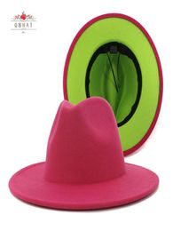 Stingy Brim Hats QBHAT Pink And Lime Green Patchwork Wool Felt Fedora Women Large Panama Trilby Jazz Cap Hat Sombrero Mujer1377669