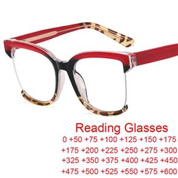 Sunglasses Half Frame Square Reading Glasses Women Fashion Prescription Eyeglasses Sexy Retro Red Leopard Clear Anti Blue Light 1S249b