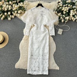 Design sense dress high-end light luxury niche bubble sleeve splicing heavy-duty embroidered lace dress