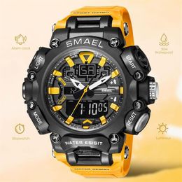 Wristwatches SMAEL Dual Time LED Digital Watch For Men 50m Waterproof Chronograph Quartz Watches Orange Military Sport Electronic 304y