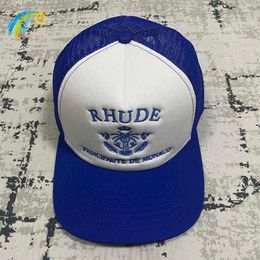 Classic Fashion Blue Letters Crown Embroidery RHUDE Hat Men Women Adjustable Sunscreen Mesh Patchwork RHUDE Baseball Cap268v