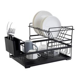 Dish Drying Rack with Drainboard Drainer Kitchen Light Duty Countertop Utensil Organiser Storage for Home Black White 2-Tier 21090301y