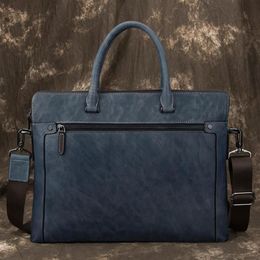 Briefcases Luuan Navy Blue Men Business Briefcase Male Real Leather Vintage15 6 Inch Laptop Handbag Cow Shoulder Bag Work Tote234d