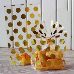 100pcs Lot Plastic Gold White Polka Dot Transparent Cellophane Candy Cookie Gift Bag with DIY Wedding Birthday Party Supplies254P