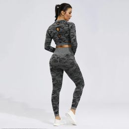 2PCS Camo Seamless Leggings Yoga Set Sportswear Women Fitness Clothing Booty Gym Leggings Long Sleeve Crop Top Sport Suit Workout Clothes MX200329