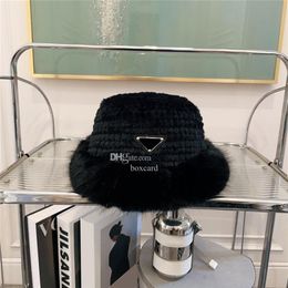 Winter Mink Fur Fisherman Hats Triangle Icon Cap Designer Bucket Hat Women Outdoor Warm Sports Caps316i