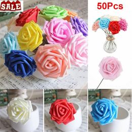 50PCS 7CM Artificial Flowers With Stem Foam Rose Fake Flower Wedding Party Bouquet2633